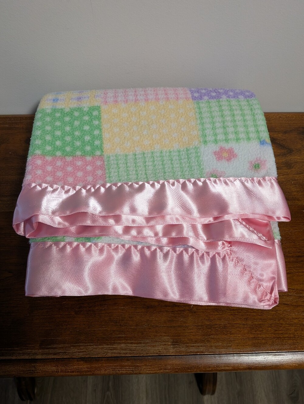 Pastel Patchwork Baby Blanket with Pink Satin Border. 39x 40 Inches . EUC . - Picture 2 of 5